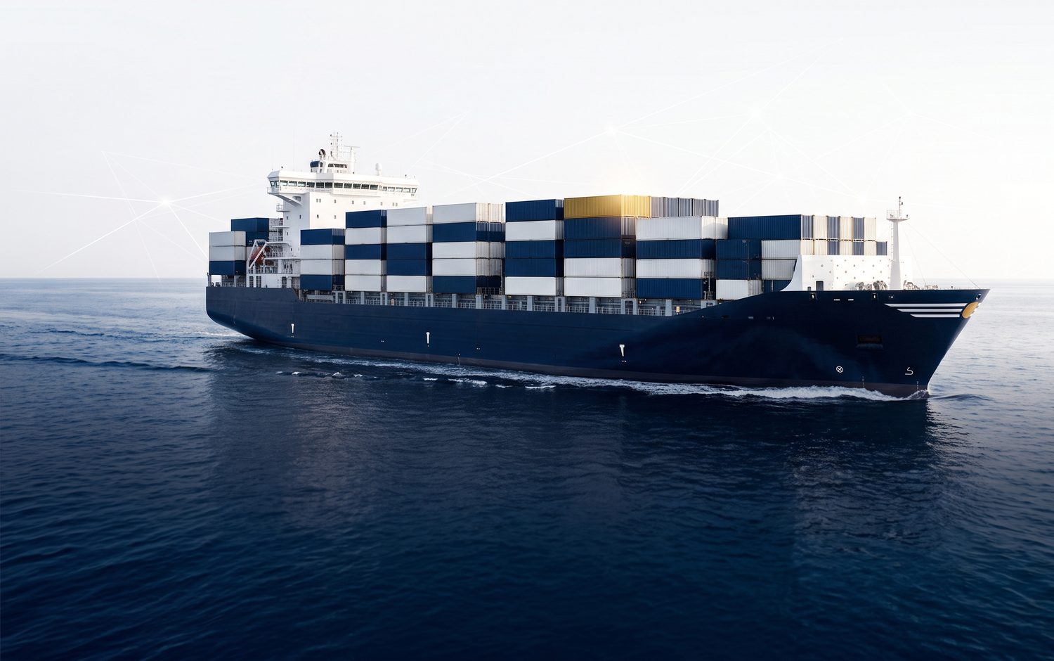 A container ship under way on open sea, overlaid with a network of connecting lines.